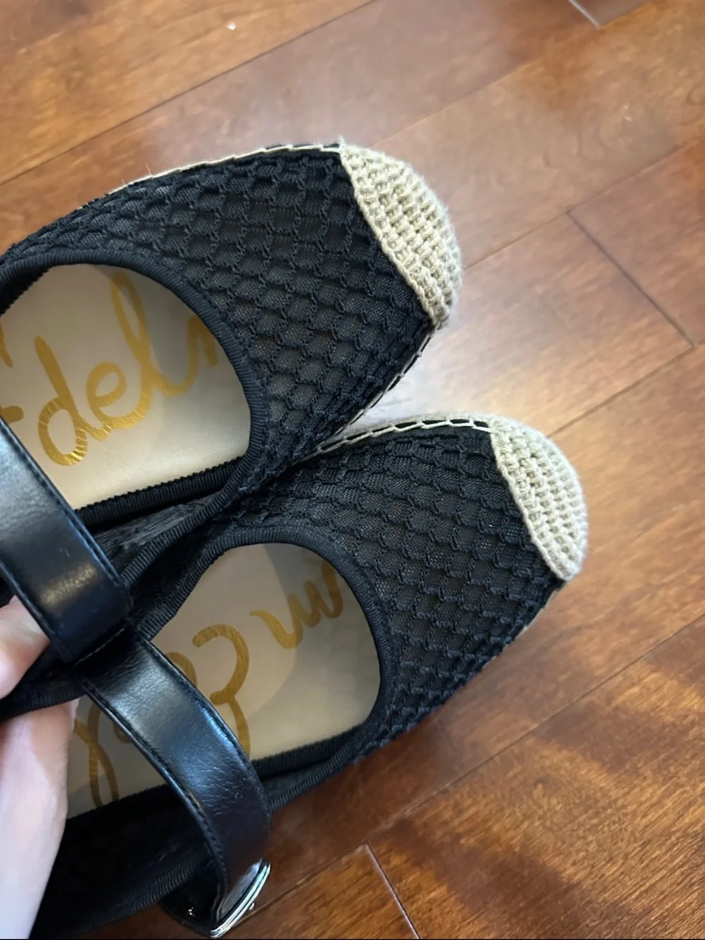 Sam Edelman Black Mesh Mary Jane Espadrille Flats with Natural Jute Trim